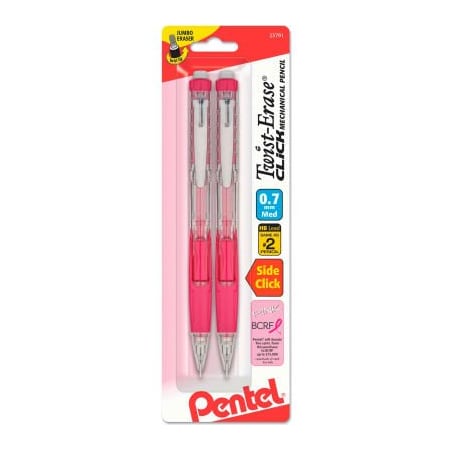 Pentel Twist-Erase CLICK Mechanical Pencil, 0.7 mm, HB #2.5, Black Lead, Pink Barrel, 2/Pack PD277TBP2C-BC